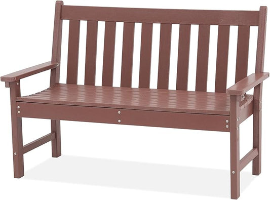 COBANA Outdoor Garden Bench, All Weather HDPE Patio Porch Bench with Faux Wood Grain Pattern, 2-Person Seat for Lawn, Park, Backyard, Entryway, Brown