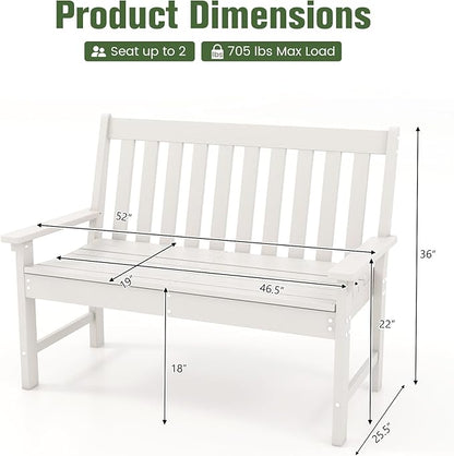 Tangkula HDPE Outdoor Garden Bench with Backrest, 2-Person All-Weather Patio Loveseat Chair with Slatted Seat, 705 lbs Weight Capacity, Patio Benches for Balcony, Garden, Porch, Backyard & Park, White