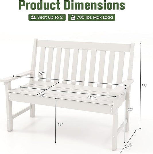 Tangkula HDPE Outdoor Garden Bench with Backrest, 2-Person All-Weather Patio Loveseat Chair with Slatted Seat, 705 lbs Weight Capacity, Patio Benches for Balcony, Garden, Porch, Backyard & Park, White