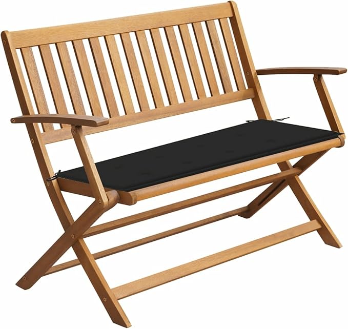 Patio Bench Outdoor Patio Bench Wood Garden Folding Bench with Armrests, Cushion 47.2" Solid Acacia Wood