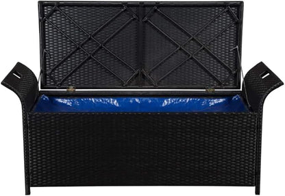 (Fast Delivery)Garden Bench Metal Frame Outdoor Seating Furniture,Patio Wicker Bench Double Seats Chair and for Porch Park Balcony Yard,All Weather Storage Bench with Cushion 54.3" Poly Rattan Black