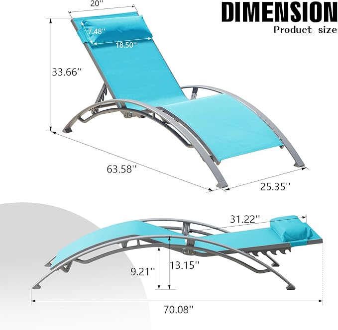 Domi Pool Lounge Chairs Set of 2, Adjustable Aluminum Outdoor Chaise Lounge Chairs, All Weather for Deck Lawn Poolside Backyard -Lake Blue Textilene