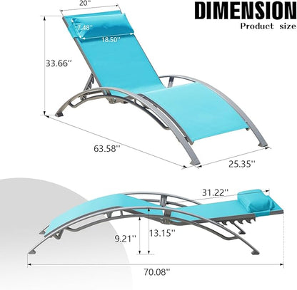 Domi Pool Lounge Chairs Set of 2, Adjustable Aluminum Outdoor Chaise Lounge Chairs, All Weather for Deck Lawn Poolside Backyard -Lake Blue Textilene