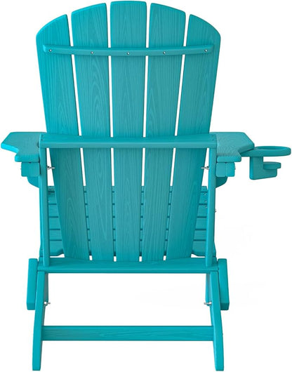 Plawdlik Folding Adirondack Chair Set of 6 with Cup Holder，Wooden Textured ，Heavy All-Weather HDPE Comfortable Set Poolside Backyard Lawn, Aruba Blue
