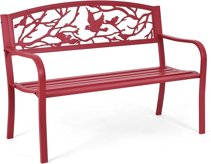 Tangkula Metal Outdoor Garden Bench Park Bench, Patio Bench with Bird & Twig Cast Iron Back Pattern, Heavy-Duty Patio Chair with Back & Arms, Seats 2-3 Persons, for Porch, Yard, Park, Lawn, Porch