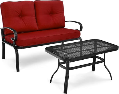 RELAX4LIFE Patio Loveseat with Coffee Table - 2-Piece Patio Conversation Sofa Set w/Backrest & Cushions, Modern Outdoor Glider Bench for Garden, Backyard, Poolside, Metal Porch Furniture (Red)