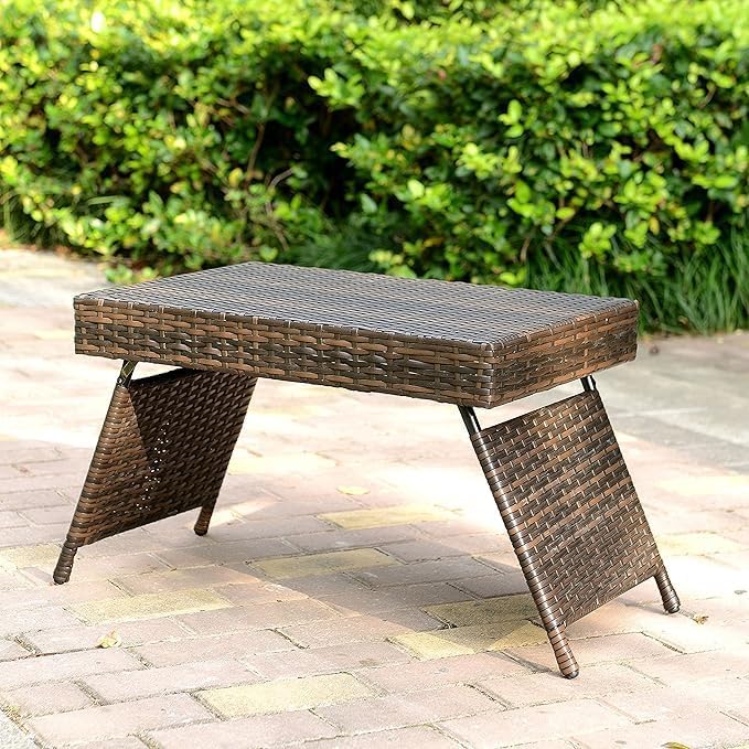 Foldable Outdoor Wicker Table, Lightweight Patio Rattan Coffee Table with Steel Frame, Portable Patio Side Table for Garden, Balcony, Deck