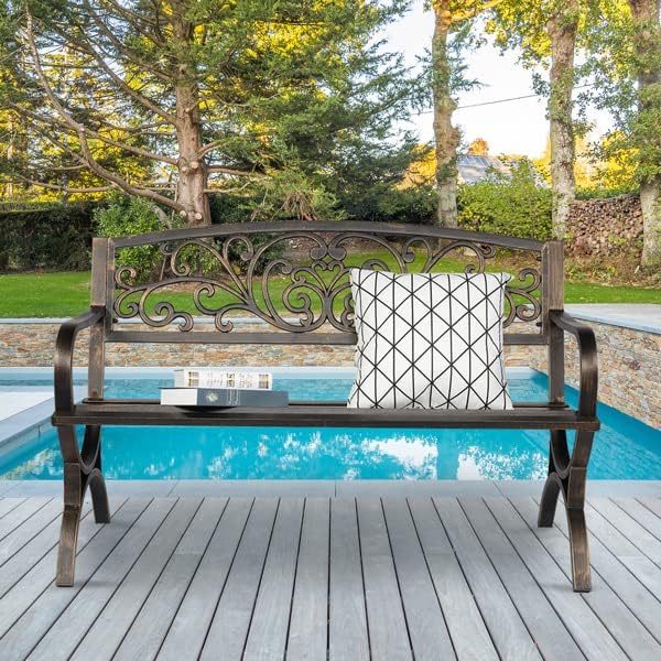 Patio Outdoor Park Loveseat Bench for Garden Porch Deck Made Cast Iron Anti-Rust Aluminum Metal, 2-3 Seater (50 Inch Butterfly Back Cross Feet Bronze Iron Bench)