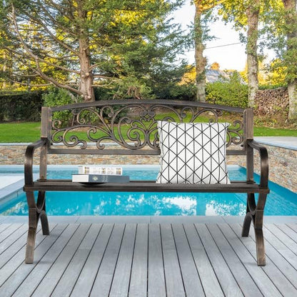Patio Outdoor Park Loveseat Bench for Garden Porch Deck Made Cast Iron Anti-Rust Aluminum Metal, 2-3 Seater (50 Inch Butterfly Back Cross Feet Bronze Iron Bench)