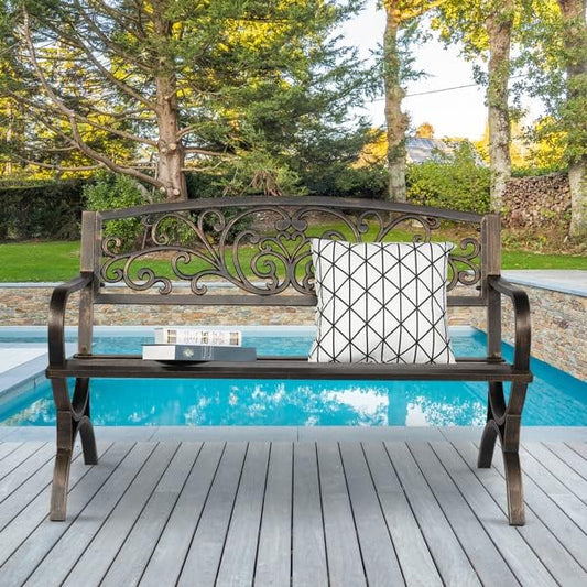 Patio Outdoor Park Loveseat Bench for Garden Porch Deck Made Cast Iron Anti-Rust Aluminum Metal, 2-3 Seater (50 Inch Butterfly Back Cross Feet Bronze Iron Bench)