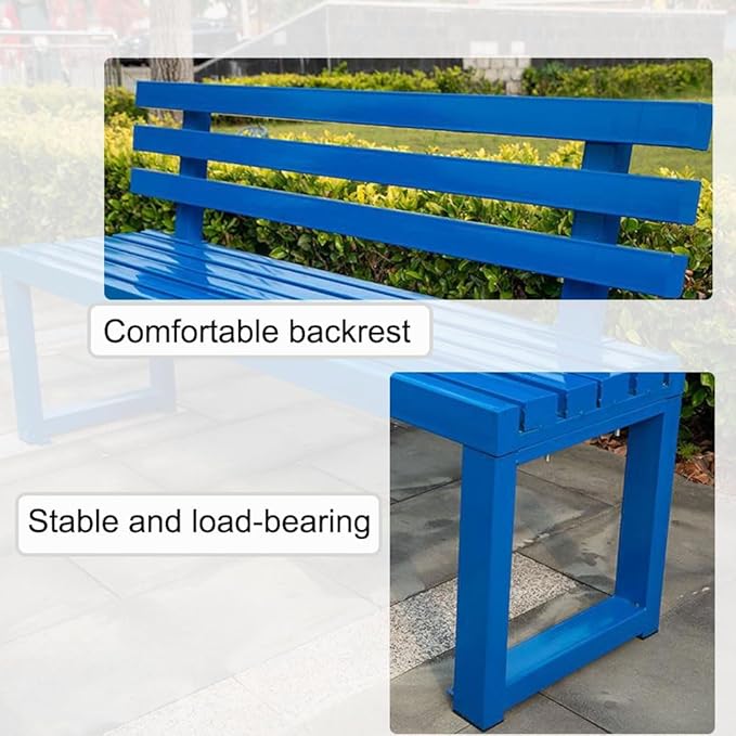 Metal Outdoor Bench with Simple Backrest, Modern Design Garden Bench, Multifunctional Front Porch Furniture, Benchs Seat for Garden, Patio，Park, Plant(Blue,150cm/59.1in)