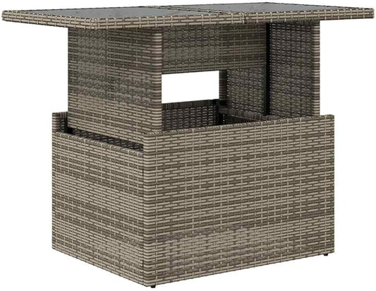Grey PE Rattan Outdoor Coffee Table with Tempered Glass, 39.4 x 21.7 inch Foldable Patio Dining Table Adjustable Height for Balcony Garden Bistro and Small Spaces