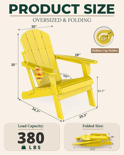 BRIOPAWS Folding-Adirondack-Chairs Set of 4 | HDPE | Fire Pit Chair | Cup Holder | Weather Resistance | Yellow | for Outdoor Backyard Deck Patio