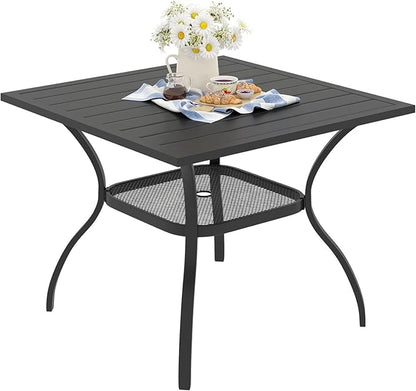 VICLLAX Outdoor Patio Dining Table for 4, Square Metal Table with Umbrella Hole and Storage Shelf for Garden, Lawn, Balcony, Deck, Black