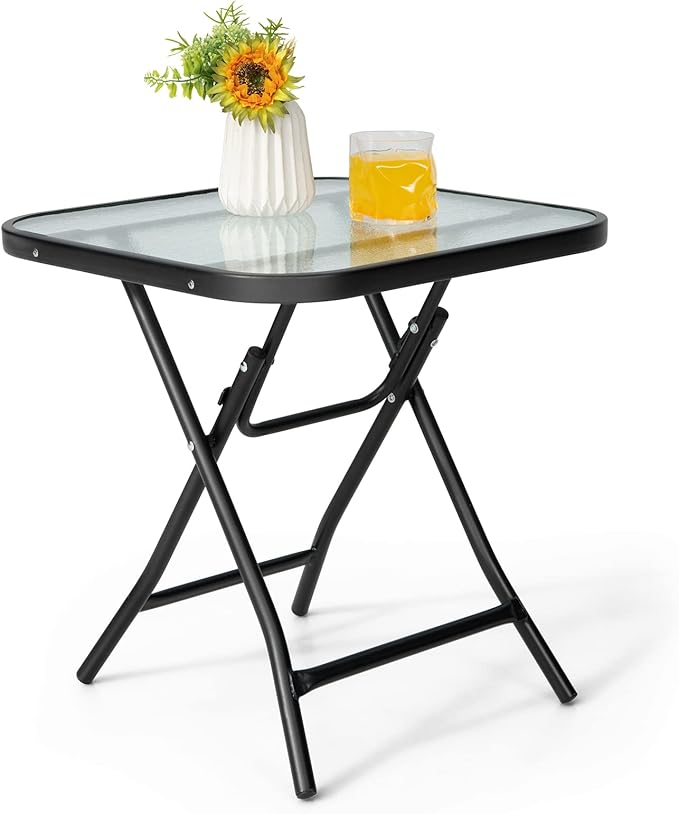 Giantex Folding Side Table, Square Small Patio Table, Tempered Glass Tabletop, Steel Frame, Weather-Resistant Outdoor Indoor Use for Bistro Porch Garden Balcony 18"x18"x18.5"