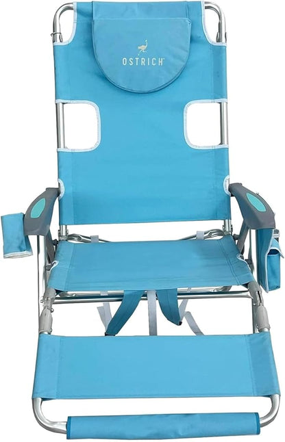 Ostrich Deluxe 3N1 Padded Beach Chair w/Face Cushion & Arm Holes, Light Blue - Lightweight Folding Recliner w/Adjustable Backrest & Footrest, Cup Holder, Side Utility Bag, 275 lb Weight Capacity
