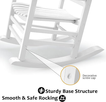 Wooden Rocking Chair Outdoor Oversized Porch Rocker Chair,Patio Wooden Rocker with High Back and Armrest,All Weather Rocker Slatted for Backyard,Garden,400 lbs Support,White