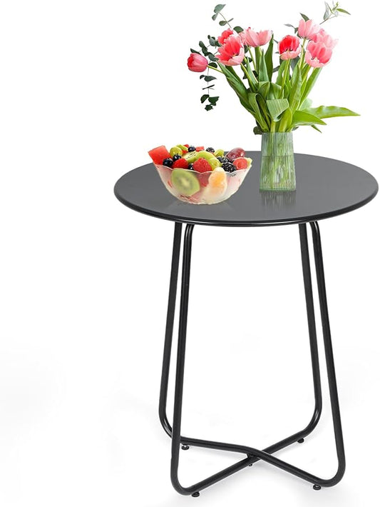 MoNiBloom 24-Inch Black Outdoor Patio Side Table, Indoor Small Round Coffee Table, Steel Frame End Table for Garden Balcony Porch Backyard Lawn Deck Yard Poolside Outside Weather Resistant
