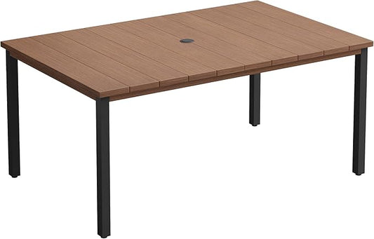 VICLLAX Outdoor Patio Dining Table for 6, 63" Rectangle Dining Table with Umbrella Hole for Porch, Backyard, Garden, Deck, Walnut