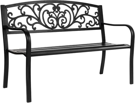 Outdoor Bench, 50" Metal Garden Bench Patio Porch Furniture with Backrest and Armrests, for Balcony, Yard, Garden, Weatherproof(Black)