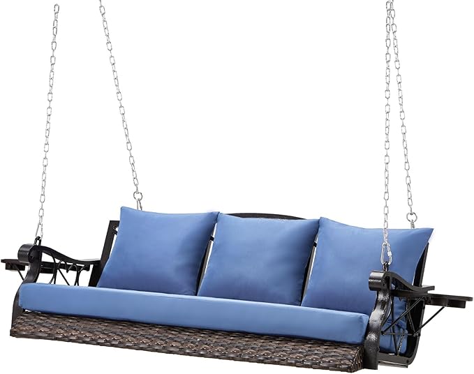 Heavy Duty 900 LBS Porch Swing Chair 3-Person Outdoor Rattan Patio Swing Lounge w/Cup-Holder & Steel Chains Wicker - Photo 1
