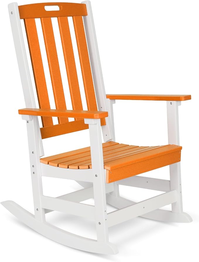 Aoodor Outdoor Rocking Chair, Ergonomic HDPE Rockers with All-Weather Design for Patio or Porch, Clashing Colors, Orange and White