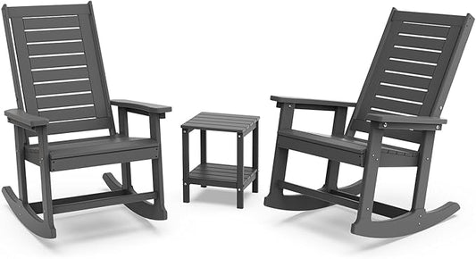 GREENVINES Outdoor Rocking Chair Set | 3-Piece | 2 Rocking Chairs with 1 Side Table | Porch Rocker | HDPE Plastic | Grey | Patio Furniture Sets | High Back | Big & Tall | Ladder Back
