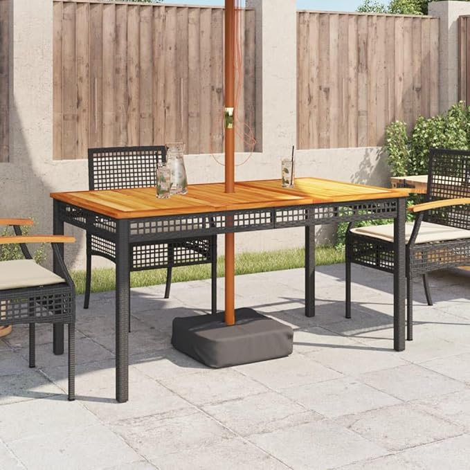 Contemporary Rectangular Garden Table Black and Brown Outdoor Dining Set with Acacia Wood Top and Poly Rattan Seating - Photo 4