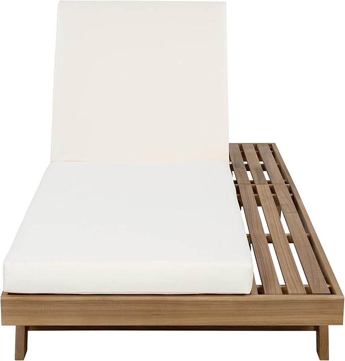 Christopher Knight Home Dami Patio Chaise Lounge Chair Outdoor with 4-Thick Cushion, Acacia Wood Poolside Sun Lounger, Space Available On One Side, Adjustable Backrest Pool Lounger, Light Brown+Cream