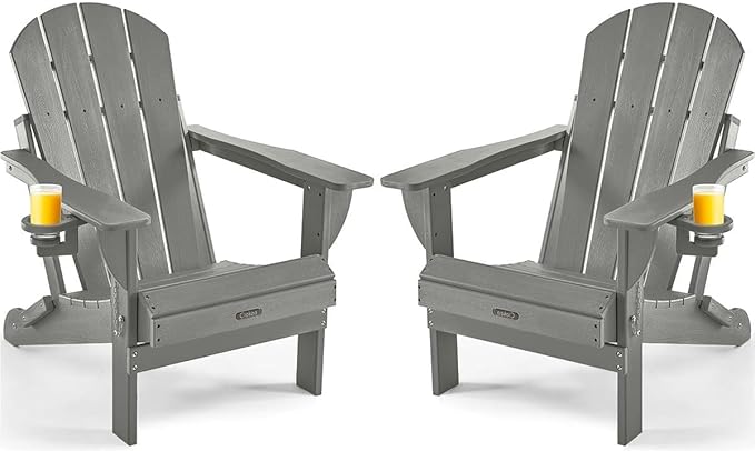 Ciokea Folding Adirondack Chair 2 Pack, Patio Adirondack Chair Weather Resistant, Plastic Fire Pit Chair with Cup Holder - Photo 1