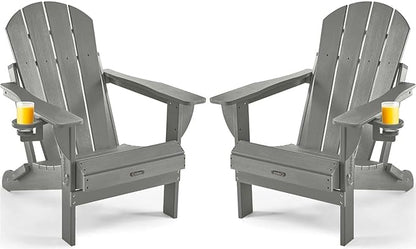 Ciokea Folding Adirondack Chair 2 Pack, Patio Adirondack Chair Weather Resistant, Plastic Fire Pit Chair with Cup Holder, Lawn Chair for Outdoor Porch Garden Backyard Deck (Grey)