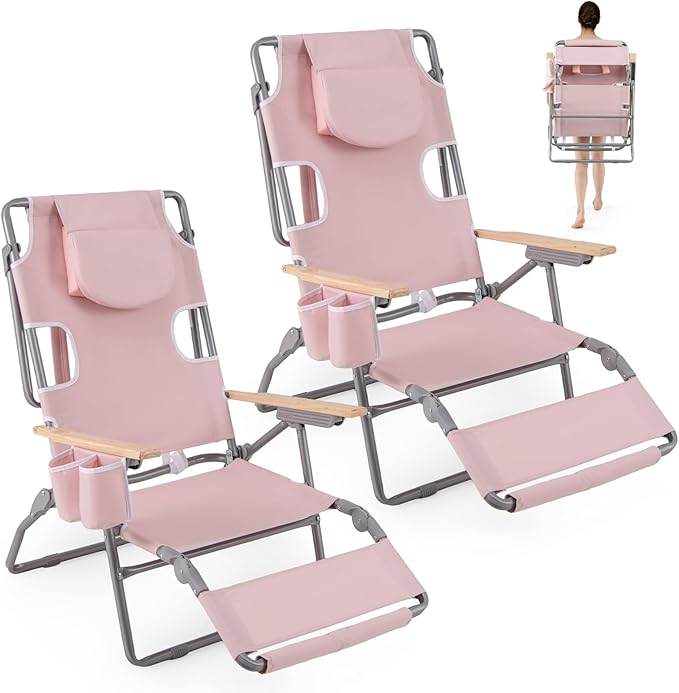 Goplus 3-in-1 Foldable Beach Chair, Lay-Flat Tanning Chair with Face and Arm Holes, Footrest, 330 lbs Heavy-Duty Portable Reclining Lounge Chairs for Outside, Camping, Patio, Poolside, Lawn (2,Pink)
