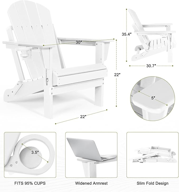 Folding Adirondack Chairs Set 4- Plastic Adirondack Chairs with Cup Holder, Weather Resistant for Outdoor, Patio, Lawn, Garden, Backyard Deck, Fire Pit - White