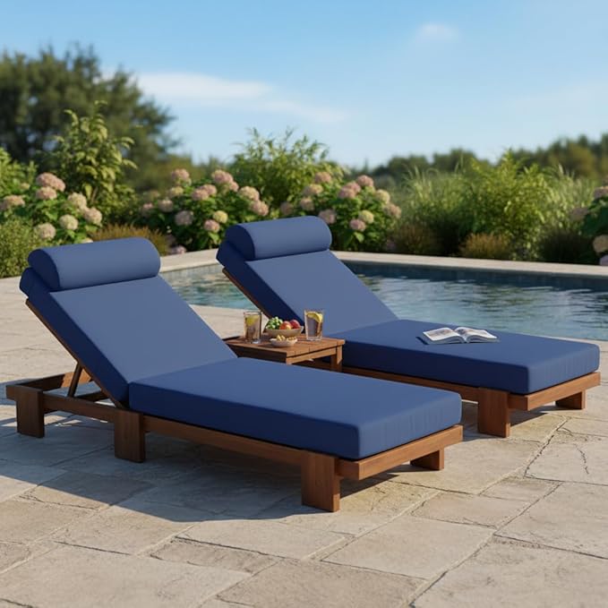 LUMISOL 2-Piece Outdoor Chaise Lounge Chair Set, 78.8” Acacia Wood Adjustable Recliners with Headrest & Retractable Side Tray for Poolside, Garden, Bench, Coffee Table Not Include, Navy Blue