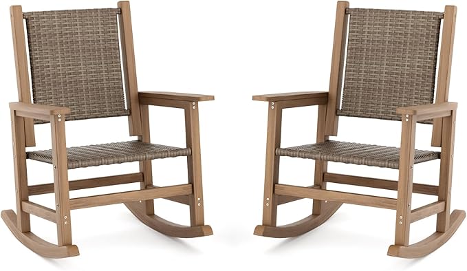 HDPE Outdoor Rocking Chair Set of 2, Wicker Rocking Chair for Adult, All Weather Rocking Chair Outdoor for Porch, Garden, Lawn, and Balcony (Brown)