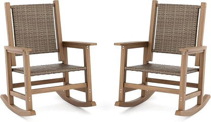 HDPE Outdoor Rocking Chair Set of 2, Wicker Rocking Chair for Adult, All Weather Rocking Chair Outdoor for Porch, Garden, Lawn, and Balcony (Brown)
