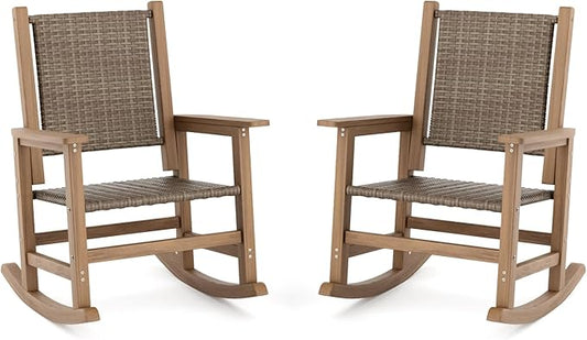 HDPE Outdoor Rocking Chair Set of 2, Wicker Rocking Chair for Adult, All Weather Rocking Chair Outdoor for Porch, Garden, Lawn, and Balcony (Brown)