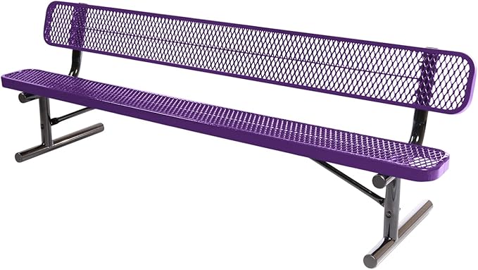 COATEDOUTDOORFURNITURE Heavy-Duty Portable Outdoor Bench Thermoplastic Coated, Expanded Metal, Commercial-Grade Seating, Made in America (Portable with Back, 8 Ft, Textured Purple)