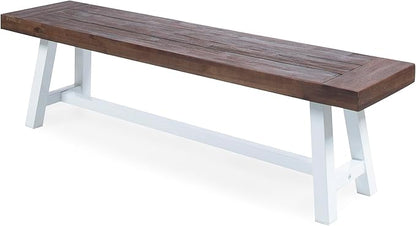 Outdoor Bench Set of 2 - Modern Industrial Acacia Wood Patio Benches, Weather-Resistant Powder-Coated Metal Frame & Slat Design, Backyard Garden Seating (63" W Each) (Brown White)