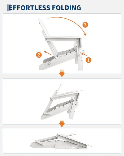 GarveeLife Folding Adirondack Chairs, HDPE Outdoor Patio Chairs All Weather Resistant with Wood Texture for Fire Pit, Deck, Patio, Pool, Backyard - White