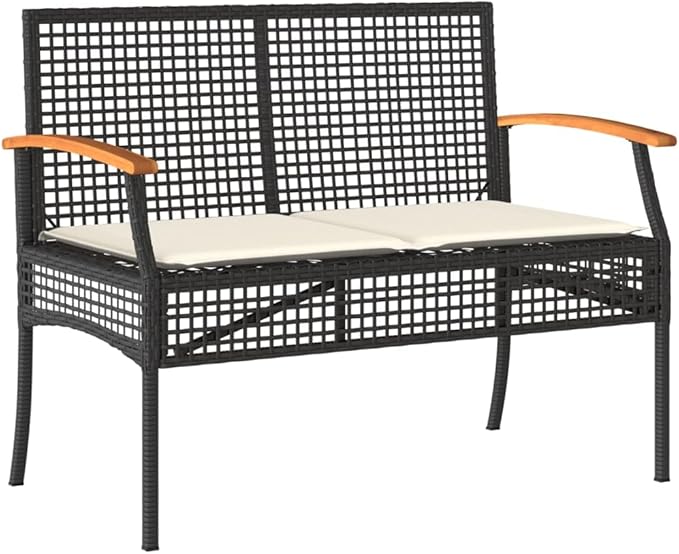 Outdoor Patio Bench with Cushion, Black PE Rattan Garden Bench with Acacia Wood Frame, Waterproof All-Weather Furniture for Backyard, Porch, Poolside, Comfortable Seating Removable Washable Cover