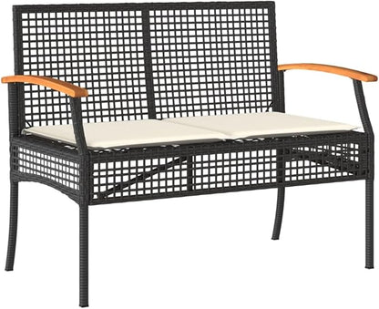 Outdoor Patio Bench with Cushion, Black PE Rattan Garden Bench with Acacia Wood Frame, Waterproof All-Weather Furniture for Backyard, Porch, Poolside, Comfortable Seating Removable Washable Cover