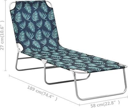 Folding Sun Lounger 74.4"x22.8", Polyester, 264.6 lbs, Steel Frame, Leaves Print, No-Assembly, Beach/Patio/Garden/Camping