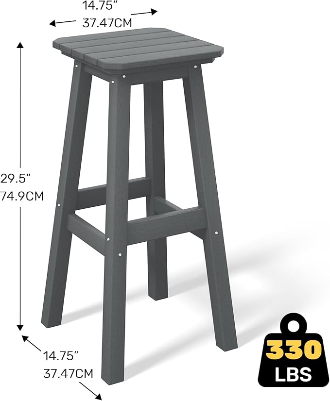 Costaelm 29" Height Outdoor Bar Stools, All-Weather Bar Stools, Adirondack Poly Patio Square Bar Stool for Patio, Deck, Kitchen Counter and Garden, Gray