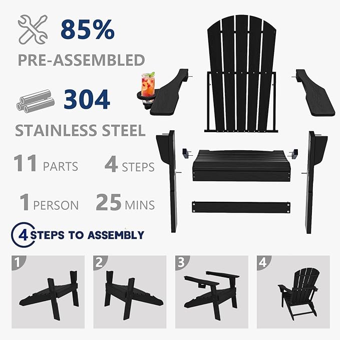 Plawdlik Folding Adirondack Chair, Cup Holder, SGS Tested - Photo 6