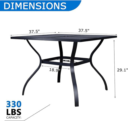 37.6'' Outdoor Patio Dining Table with Adjustable Umbrella Hole, Mesh Tabletop Square Table, Heavy Duty 400lbs Capacity, for Deck, Balcony, Bistro, Black