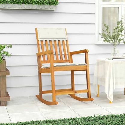 Solid Acacia Wood Rocking Chair with Soft Cushions, Indoor Outdoor Patio Rocker for Living Room, Garden, Porch, Ergonomic Comfort Cream White