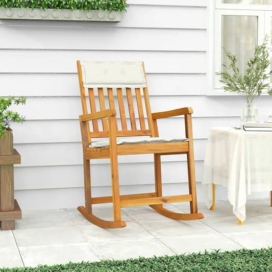 Solid Acacia Wood Rocking Chair with Soft Cushions, Indoor Outdoor Patio Rocker for Living Room, Garden, Porch, Ergonomic Comfort Cream White