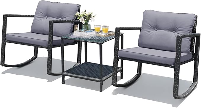 HAPPYGRILL 3 Pieces Rocking Bistro Set Outdoor Patio Conversation Set with Rocking Chairs and Coffee Table - Photo 1