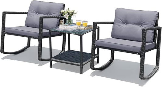HAPPYGRILL 3 Pieces Rocking Bistro Set Outdoor Patio Conversation Set with Rocking Chairs and Coffee Table, Rattan Wicker Furniture Set for Garden Lawn Backyard Balcony